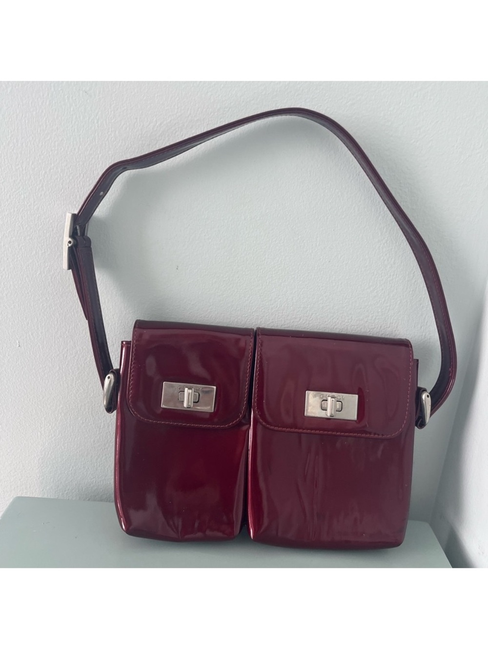 Gucci Patent Double-Pocket Shoulder Bag in Burgundy